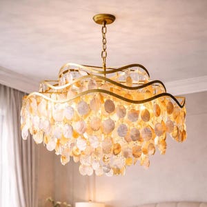 Capiz Shell Chandelier, Handmade Gold Coastal Glam Pendant Light Fixture