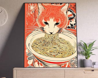 Vintage Cat Ramen Poster: Retro Japanese Kitchen Art (Digital Download)