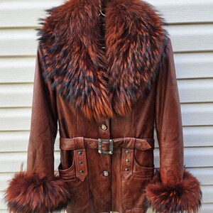 Vintage Brown Genuine Leather Coat Real Fox Fur Collar Removable Rabbit Fur Lining Belted Women's Winter Jacket S/M image 1