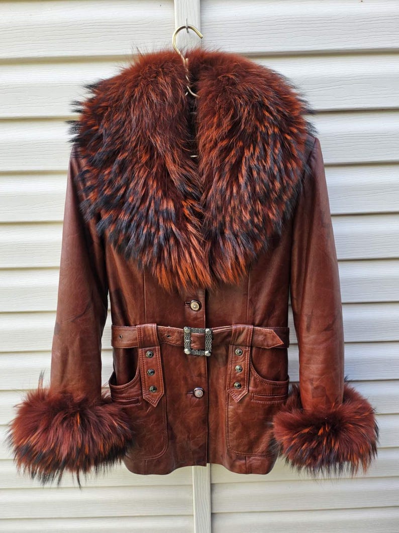 Vintage Brown Genuine Leather Coat Real Fox Fur Collar Removable Rabbit Fur Lining Belted Women's Winter Jacket S/M image 1