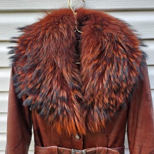 Vintage Brown Genuine Leather Coat Real Fox Fur Collar Removable Rabbit Fur Lining Belted Women's Winter Jacket S/M image 3