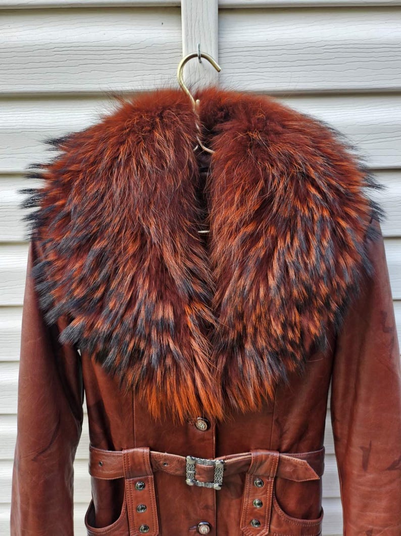 Vintage Brown Genuine Leather Coat Real Fox Fur Collar Removable Rabbit Fur Lining Belted Women's Winter Jacket S/M image 3