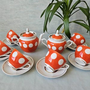 Vintage Porcelain Tea Set Polka Dots for Six Persons / Gorodnitsky Porcelain Factory USSR / Tea Set with Tea Pot / USSR Tea Service Tea cups