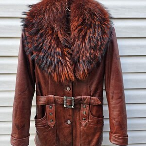 Vintage Brown Genuine Leather Coat Real Fox Fur Collar Removable Rabbit Fur Lining Belted Women's Winter Jacket S/M image 17