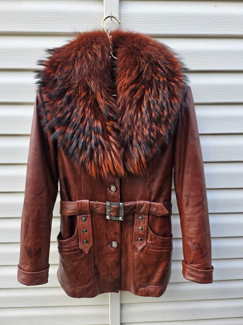 Vintage Brown Genuine Leather Coat Real Fox Fur Collar Removable Rabbit Fur Lining Belted Women's Winter Jacket S/M image 17