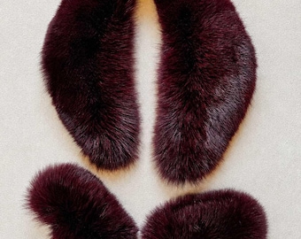 Vintage fur collar with cuffs made of natural fox fur, Red Fur Collar with Fur Cuffs  fur collar, removable fur collar for coats jackets