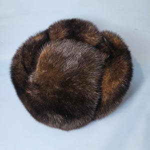 Puede incluir: Un sombrero de piel marrón con orejeras. El sombrero es de color marrón oscuro con reflejos marrones más claros. La piel parece suave y afelpada, lo que sugiere un cálido accesorio de invierno. El sombrero es redondo y tiene un diseño clásico.