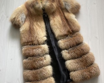 Vintage women's vest made of natural fox fur, size XS-S, long vest, fur vest with red fox fur