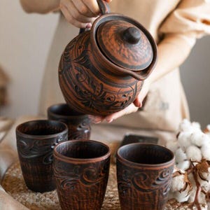 Ceramic Set- Jug and 4 Cup Handmade, Clay pot,Ukrainian Clay Jug, Ceramic cup set, Glechik red clay Rustic decor, Terracotta Cookware