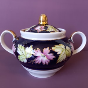 Azucarero de porcelana soviética vintage pintado con flores/Fábrica de porcelana Gorodnitsky URSS/Vajilla ucraniana/Decoración de cocina de la URSS década de 1970.
