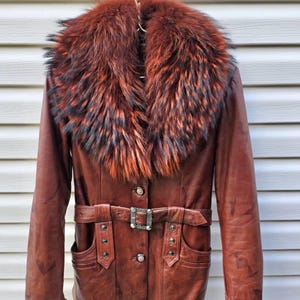 Vintage Brown Genuine Leather Coat Real Fox Fur Collar Removable Rabbit Fur Lining Belted Women's Winter Jacket S/M image 2