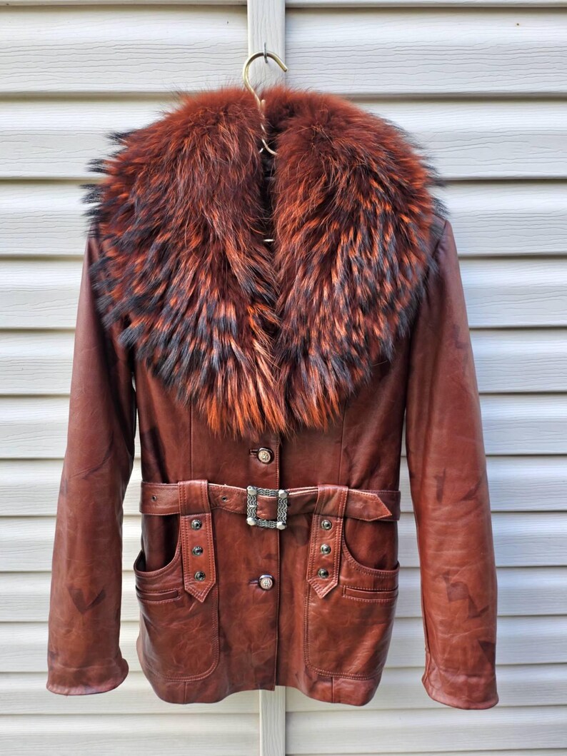 Vintage Brown Genuine Leather Coat Real Fox Fur Collar Removable Rabbit Fur Lining Belted Women's Winter Jacket S/M image 2