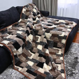 Natural Sheepskin Wool Throw, Geometric Pattern Bedspread, Single Layer Blanket
