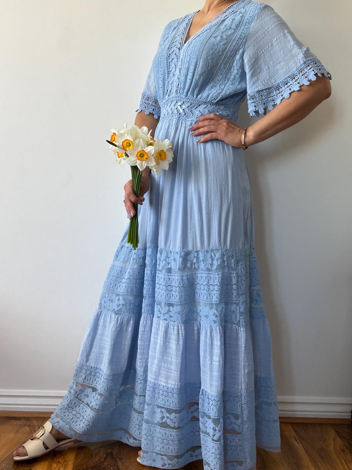 Plus Size Light Blue Lace High-Low Maxi Dress
