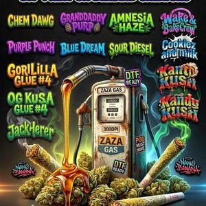 May include: A digital graphic featuring a stoner-themed font bundle for DIY print on demand. The image includes various cannabis strain names, a vintage gas pump, and rolled cannabis products. The text "Trippy Exclusive Stoner" is at the top.