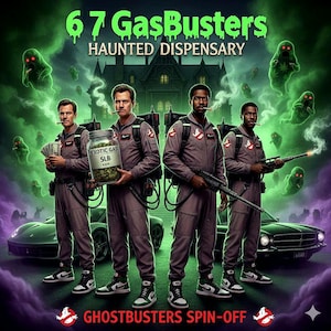 May include: An illustration of four figures in gray jumpsuits, resembling Ghostbusters, holding various items. The text reads "67 GasBusters Haunted Dispensary" and "Ghostbusters Spin-Off". The figures are surrounded by green ghosts and a spooky mansion.