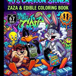 Puede incluir: Ilustración colorida para un libro para colorear titulado "'90s Cartoon Stoner Zaza & Edible Coloring Book". La imagen presenta personajes de dibujos animados, incluyendo Bugs Bunny, Pato Lucas y Taz, rodeados de dinero y bocadillos. El texto "EXCLUSIVE DIGITAL ASSET DIY- POD COLORING PACK" está en la parte inferior.