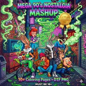 Kolorowanki z kreskówkami Stoner z lat 90. Nostalgiczny miks 4K, wysokiej jakości sztuka cyfrowa