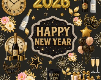New Year Party PNG Clipart Bundle, Champagne, Glitter Graphics (Digital Download)