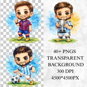 May include: Watercolor illustrations of a soccer player in different poses. The player is wearing red and blue, and white and blue uniforms. The image includes the text "40+ PNGS TRANSPARENT BACKGROUND 300 DPI 4500*4500PX".