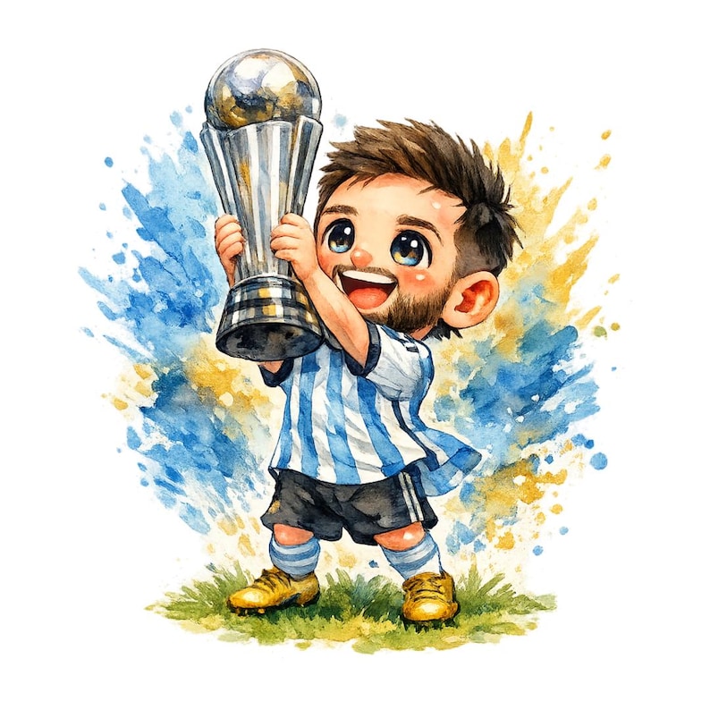 May include: Watercolor illustration of a cartoon soccer player in an Argentina jersey, holding a trophy. The player is smiling, with a background of blue and yellow paint splatters. The player is wearing black shorts and gold cleats.