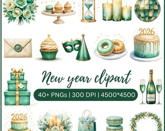 New Year PNG Bundle, Green Gold Clipart, Holiday Party Graphics, Celebration Decor Art, Festive Winter Elements
