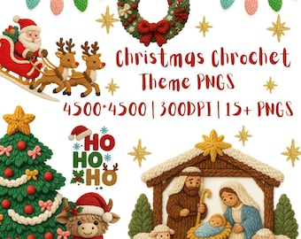 Christmas Crochet Bundle, Latch Hook Yarn PNGs, Preppy Holiday, Santa Nativity PNG , Xmas Clipart, PNG Pack