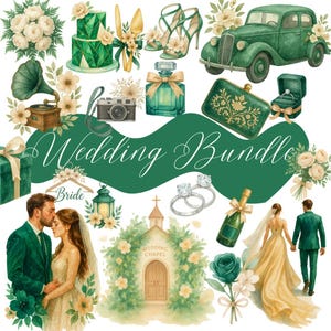 May include: Watercolor illustration of a wedding bundle with various elements. Includes a green vintage car, cake, shoes, rings, perfume, a camera, and a couple. The text "Wedding Bundle" is featured.