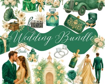 Watercolor Wedding Clipart PNG, Bridal Elements Art, Vintage Car Illustration, Ceremony Chapel PNG, Floral Decor Graphics