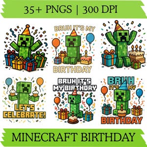 以下が含まれることがあります： Minecraftをテーマにした6つの誕生日グラフィックのコレクション。各グラフィックは、パーティーハット、風船、ギフト、ケーキを備えた緑色のピクセル化されたキャラクターが特徴です。「Bruh It's My Birthday」と「Let's Celebrate！」というテキストが含まれています。画像には「35+ PNGS | 300 DPI」と「Minecraft Birthday」というテキストも含まれています。