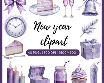 New Year PNG Bundle, Purple Holiday Clipart, Celebration Party Graphics, Winter Festive Art, Elegant Seasonal Designs