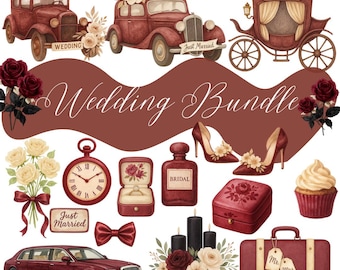 Wedding Essentials PNG Bundle Vintage Cars Bridal Shoes Decor Clipart Retro Carriage Roses
