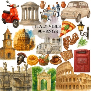 May include: A collection of watercolour illustrations depicting Italian themes. Includes a red scooter, a vintage car, a slice of pizza, and the Colosseum. The text "ITALY VIBES 90+PNGS" is also visible.