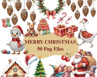 Christmas Clipart Bundle, Holiday Winter PNG, Festive Kids Illustrations, Santa Gifts Art, Merry Season Graphics