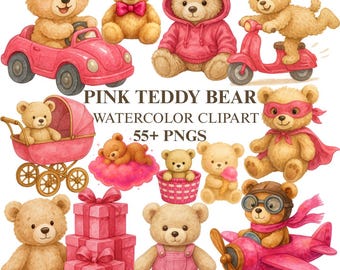 Pink Teddy Bear Clipart, Watercolor Baby Bears PNG Set, Nursery Elements, Pastel Kids Art, Sweet Animal Graphics