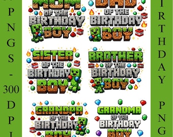 Pixel Block Birthday PNG Bundle, Gamer Family Designs (Digital Download)
