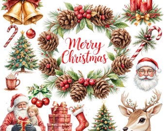 Merry Christmas PNG Bundle, Festive Holiday Clipart Set, Winter Vintage Art, Seasonal Digital Graphics