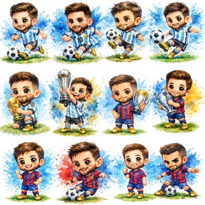 May include: A collection of watercolor illustrations of a soccer player in various poses. The player is depicted in different uniforms, including blue and white striped, and red and blue striped. The player is holding trophies and kicking a soccer ball.