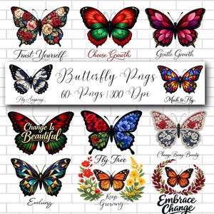 Puede incluir: Una colección de diseños de mariposas coloridas con patrones florales y geométricos. La imagen incluye texto como "Trust Yourself", "Choose Growth" y "Butterfly Pngs". Las mariposas están sobre un fondo de ladrillos blancos.
