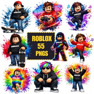 May include: A collection of Roblox-themed digital images. The images feature characters in various poses, wearing hoodies and holding skateboards, game controllers, and headphones. The characters are surrounded by colorful paint splashes. The text "ROBLOX 55 PNGS" is displayed.