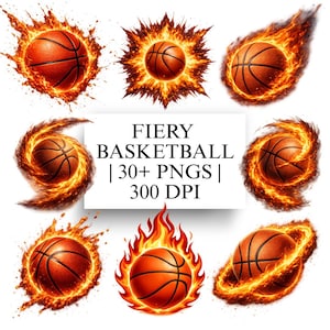 May include: A collection of fiery basketball illustrations. Each basketball is depicted with flames, creating a dynamic and energetic visual. The image includes the text "FIERY BASKETBALL | 30+ PNGS | 300 DPI".