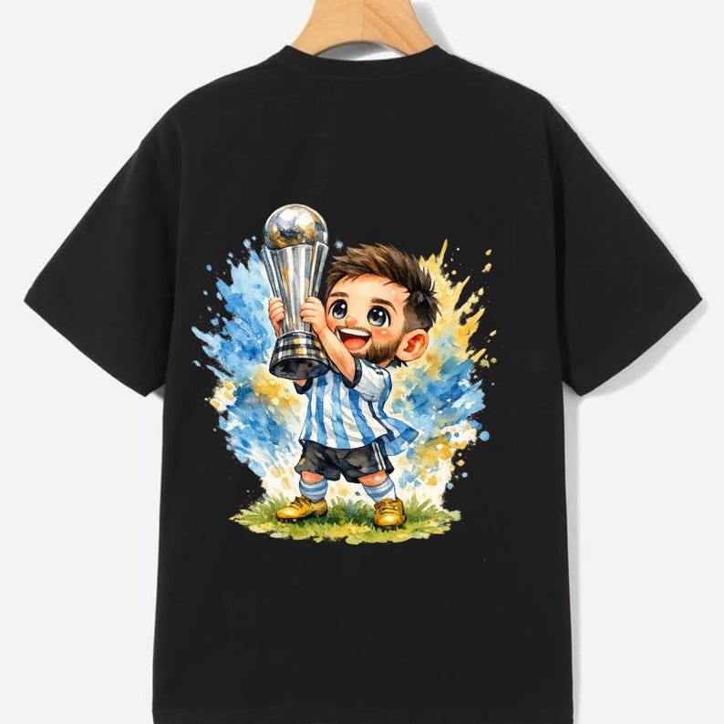 May include: Black t-shirt featuring a cartoon illustration of a soccer player holding a trophy. The player is wearing a blue and white striped jersey and black shorts. The background has blue and yellow paint splashes.