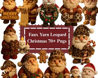 Faux Yarn Leopard Christmas Crochet PNG Set, Festive Santa Clipart Bundle, Holiday Digital Art