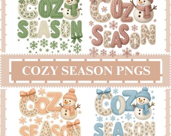 Faux Yarn Cozy Season PNG Set, Knit Winter Clipart, Snowman Art, Tree Printable, Soft Holiday Graphic, Chunky Embroidery PNG
