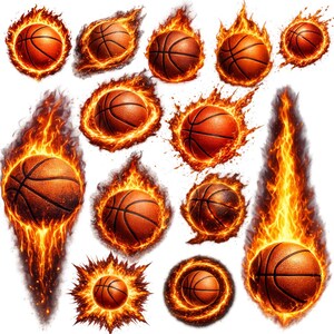 May include: A collection of basketballs engulfed in flames, rendered in shades of orange and red. The basketballs are detailed with visible seams and textures, set against a white background. The fiery elements vary in shape and intensity, creating a dynamic sports-themed illustration.