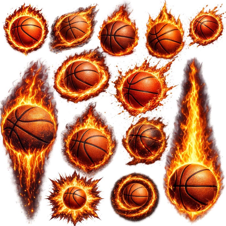 May include: A collection of basketballs engulfed in flames, rendered in shades of orange and red. The basketballs are detailed with visible seams and textures, set against a white background. The fiery elements vary in shape and intensity, creating a dynamic sports-themed illustration.