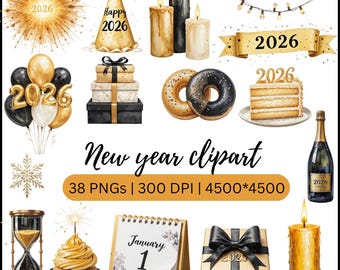 New Year Clipart 2026 PNG Set, Gold Party Elements, Holiday Celebration Graphics, Festive Art Pack, Printable Decoration Kit