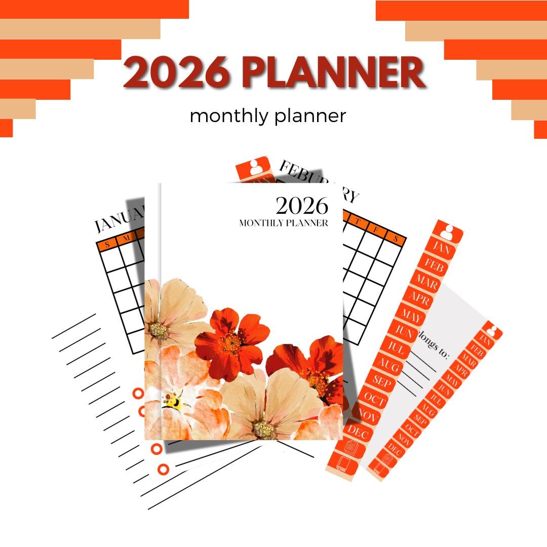 2026 Monthly Planner Template, Floral Printable Calendar (PDF, Digital