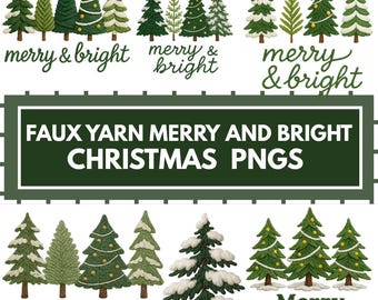 Faux Yarn Merry Christmas PNG Set, Cozy Knit Tree Clipart, Festive Winter Art, Vintage Holiday Printable, Embroidery Style PNGs