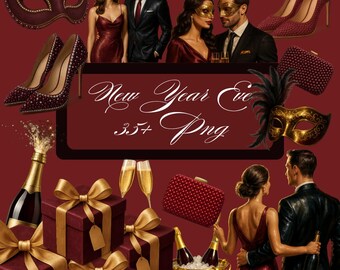 New Year's Eve Fashion Clipart, Glam Couples, Masks (PNG)